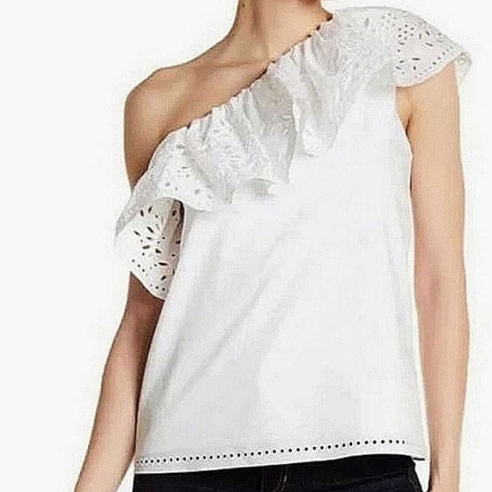 Parker White One-Shoulder Ruffle Eyelet Top